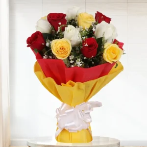 Tricolor Rose Bouquet – Red, White & Yellow Roses (12 Stems)