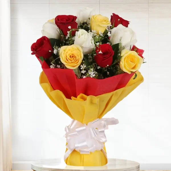 Tricolor Rose Bouquet – Red, White & Yellow Roses (12 Stems)