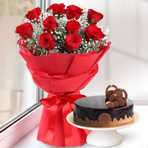 Red Rose Bouquet & Chocolate Truffle Cake Combo – A Gift of Love & Indulgence