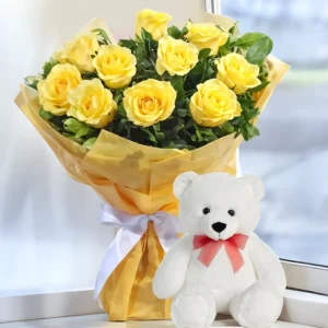 Bouquet of Yellow Roses with Teddy – A Sweet Gesture of Joy & Affection