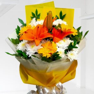 Sunshine Radiance Bouquet – Orange Lilies, Gerberas & White Chrysanthemums