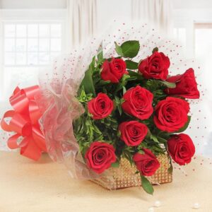 Elegant Red Rose Bouquet – 10 Stems (cellophane wrap)